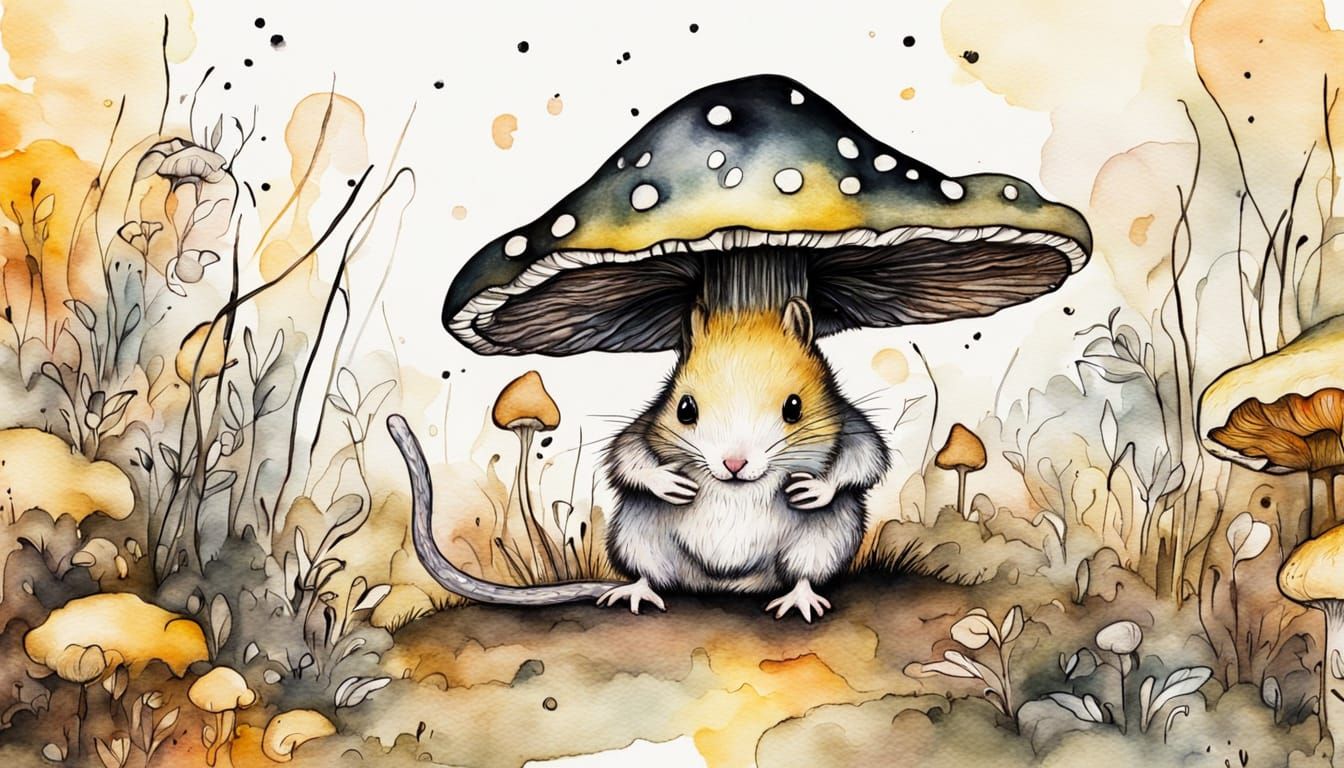 Whimsical Ink Illustration of Mouse on Mushroom