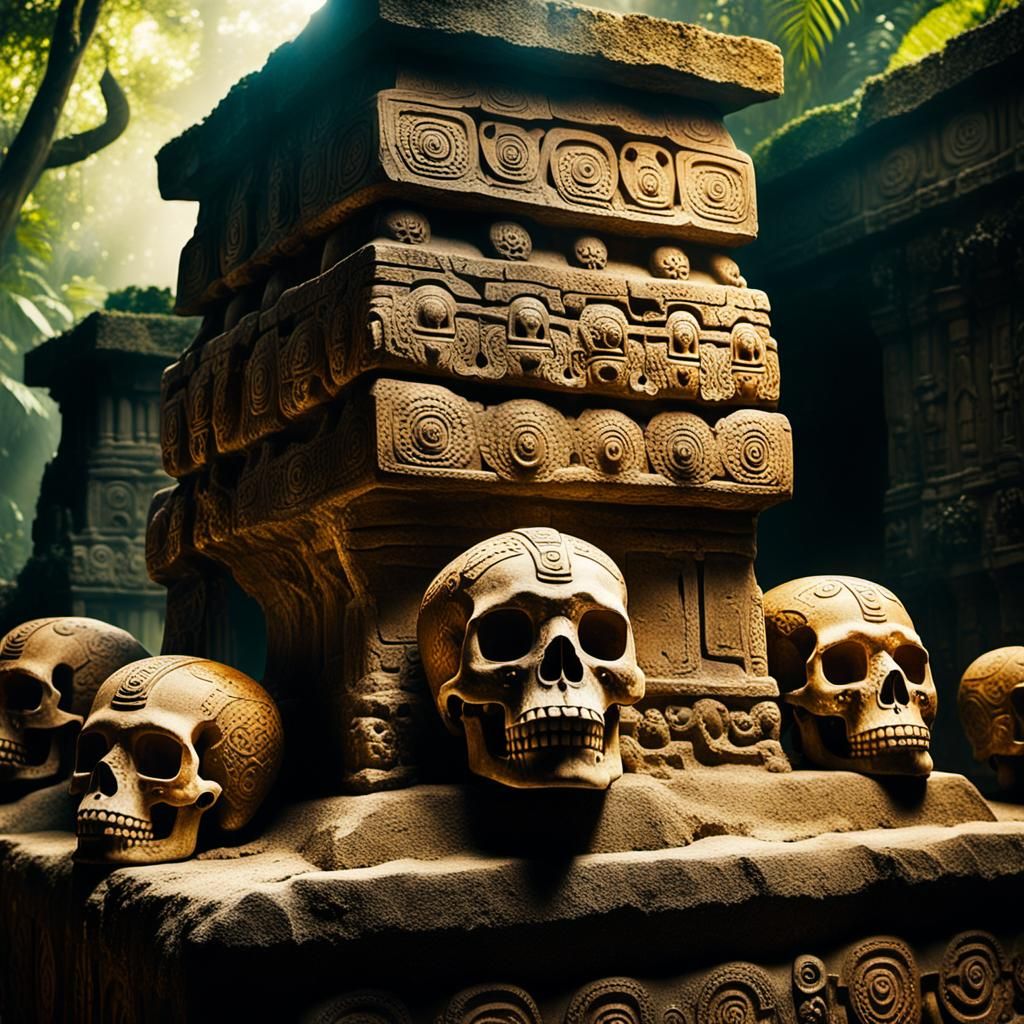 Skulls in Mayan Temple: Mesoamerican Dark Surrealism