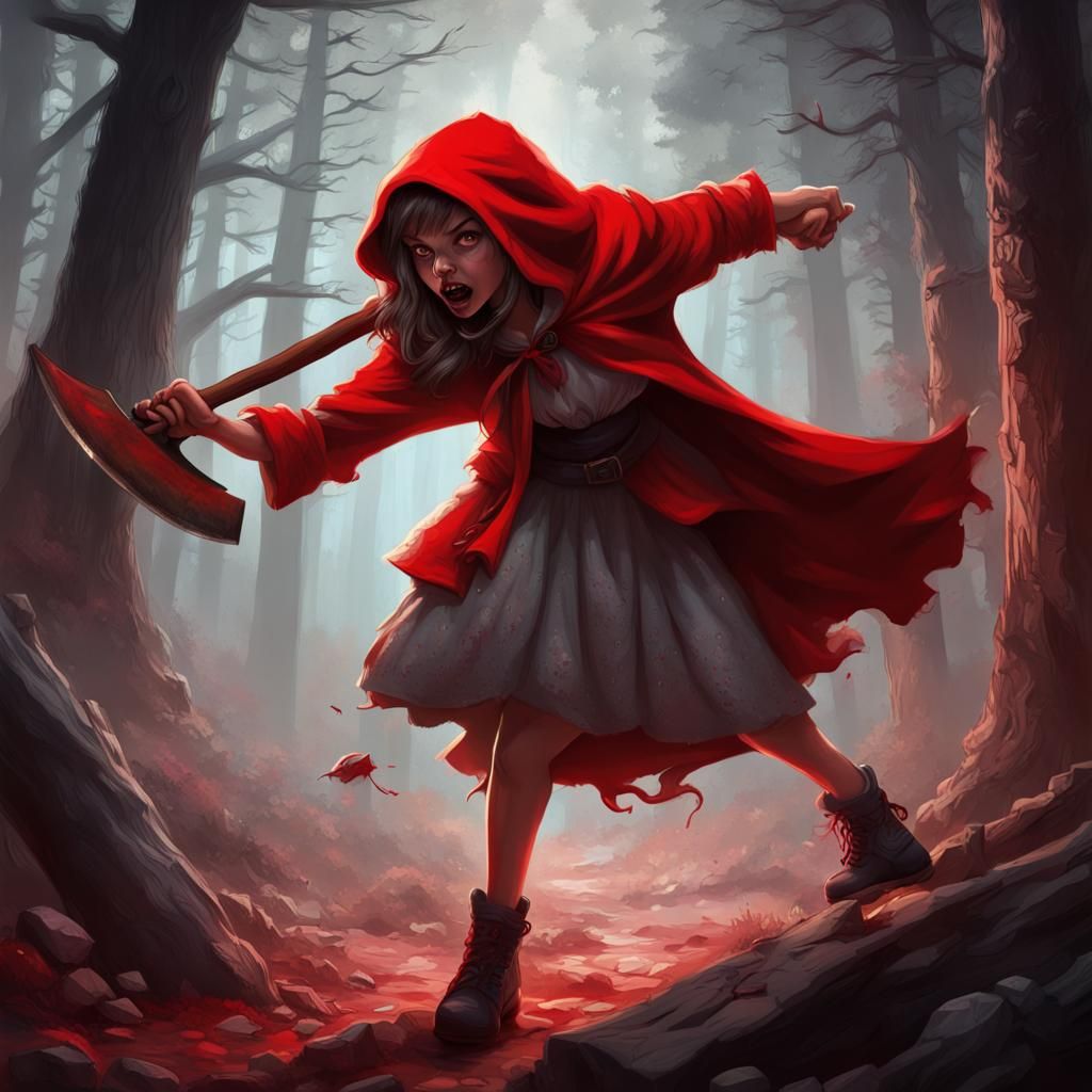 Little Red Riding Hood Attacks Wolf with Axe