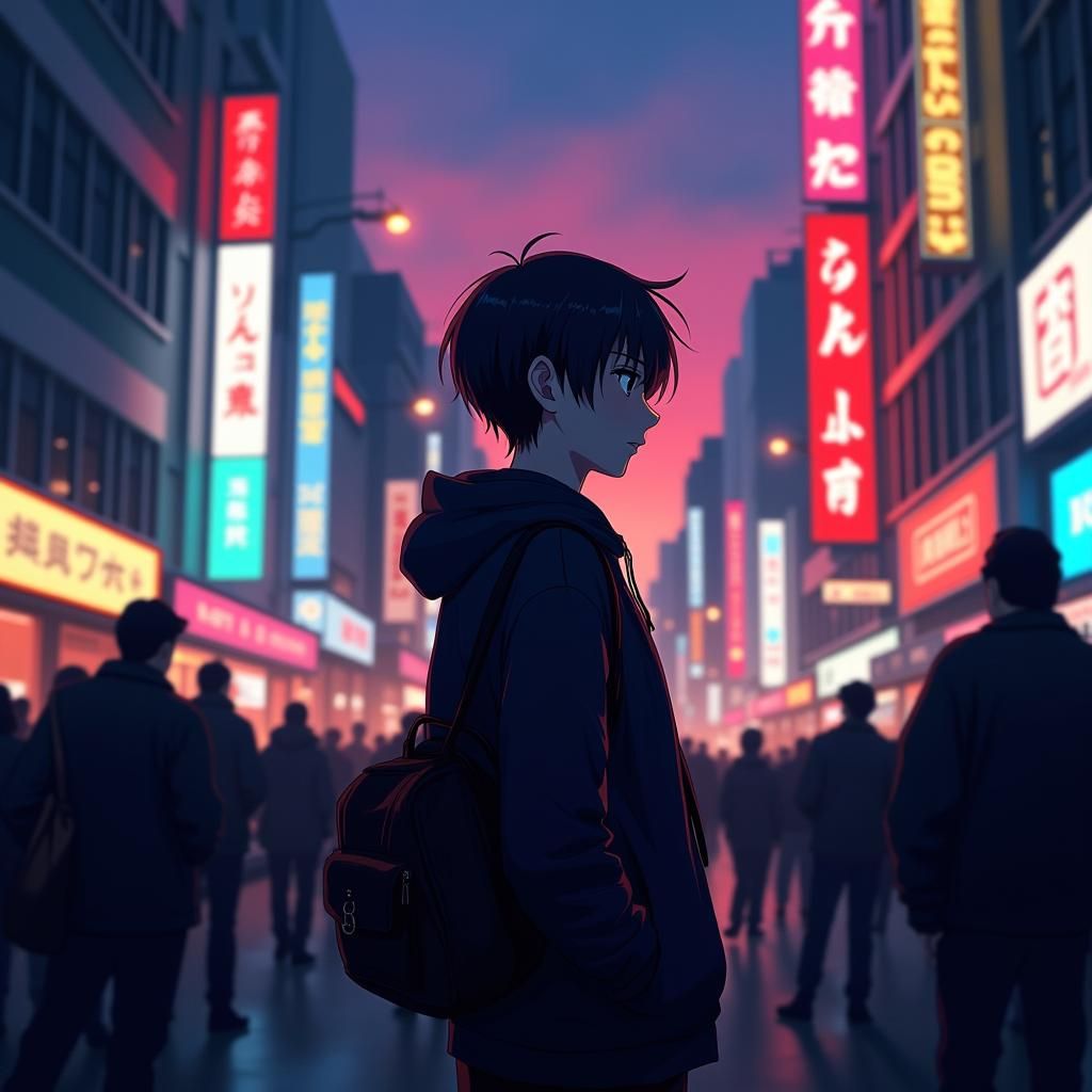 Solitary Anime Figure in Crowded Neon Cityscape