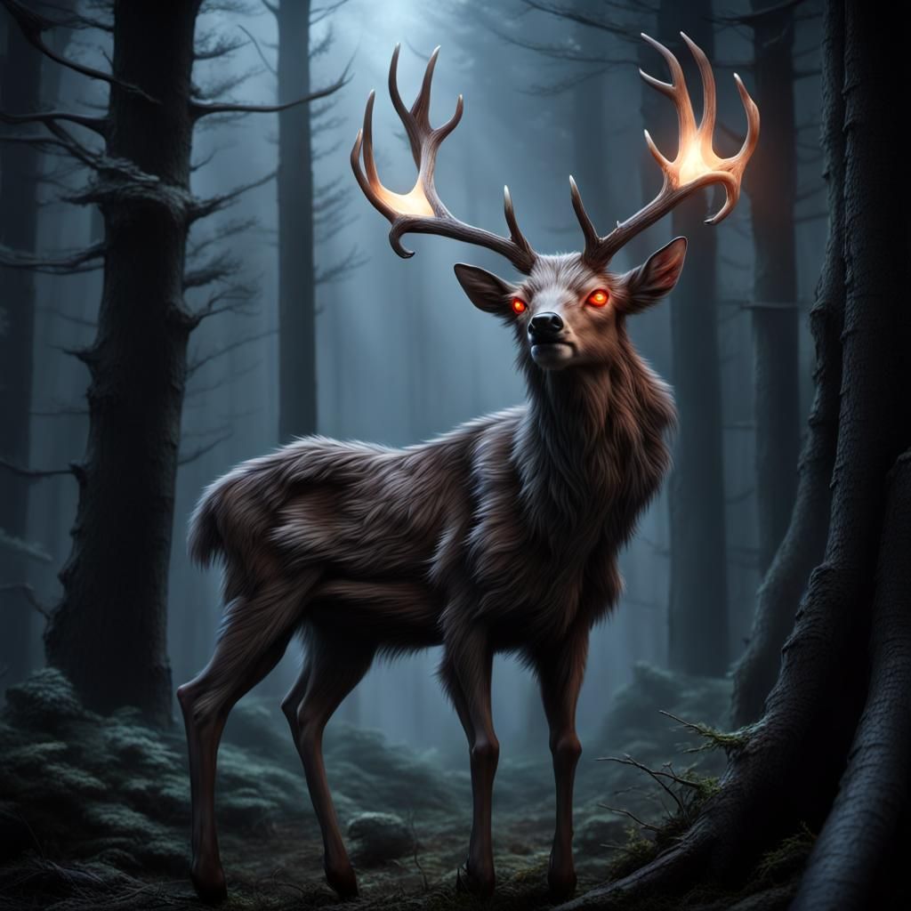 Ethereal Wendigo Woman Emerges from Dark Forest