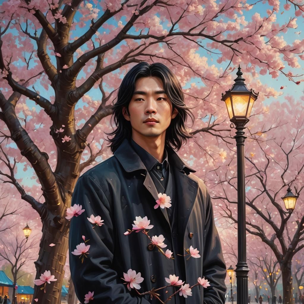 Korean Man in Cherry Blossom Park, Matte Painting