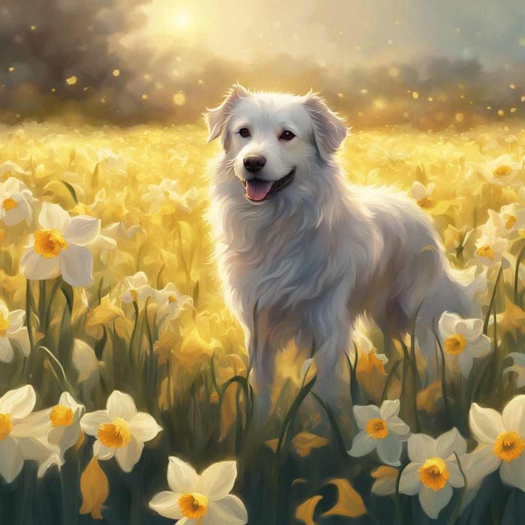 Ethereal Dog in Narcissus Field: Digital Painting