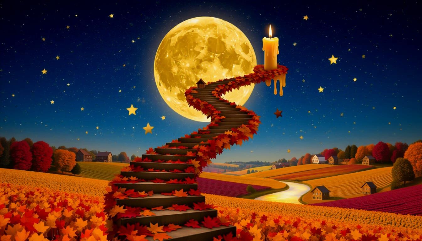 Surreal Autumn Staircase to Sky with Melting Moon