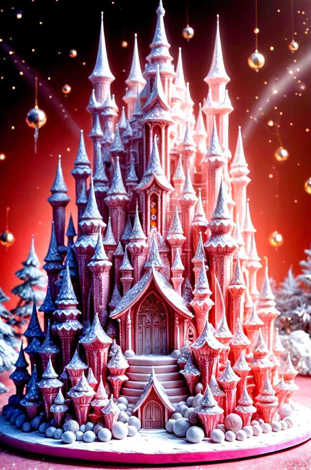 Elaborate Pink and Silver Christmas Castle Cake