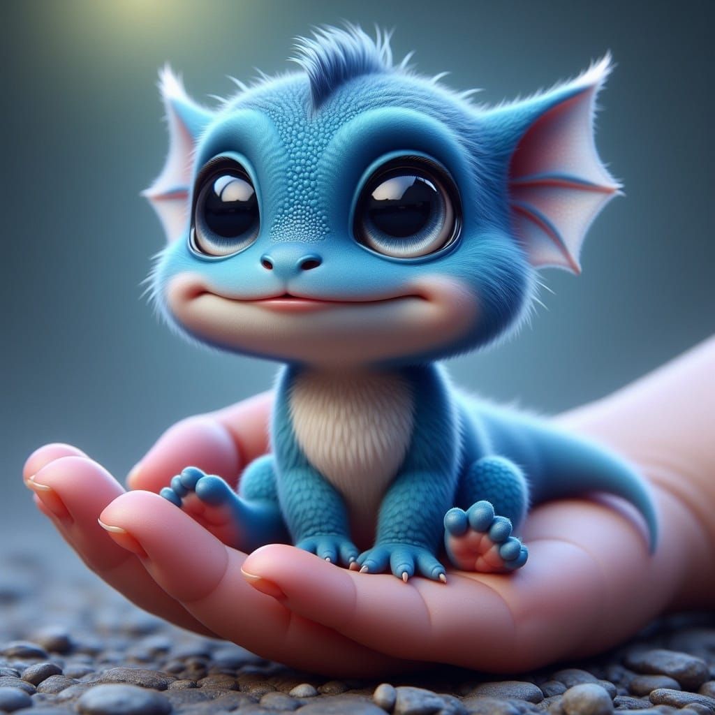 Whimsical Digital Art of a Fuzzy Blue Chibi Dragon on a Gent...