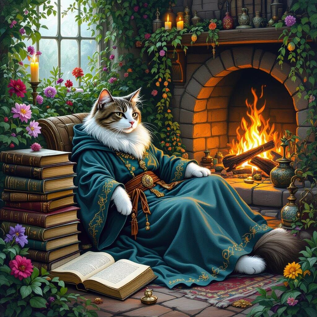 Mystical Cat Lounging by Fireplace in Dreamy Style