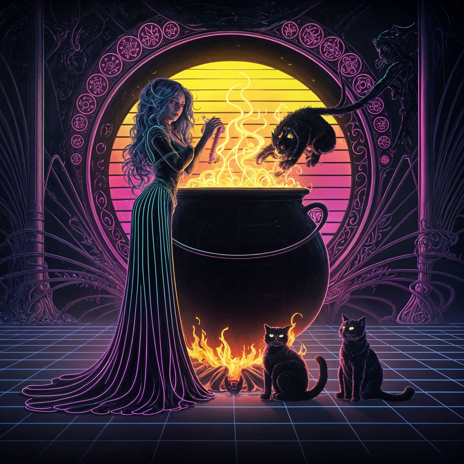 Neon Witch Brews Potion with Cats in Art Nouveau Style
