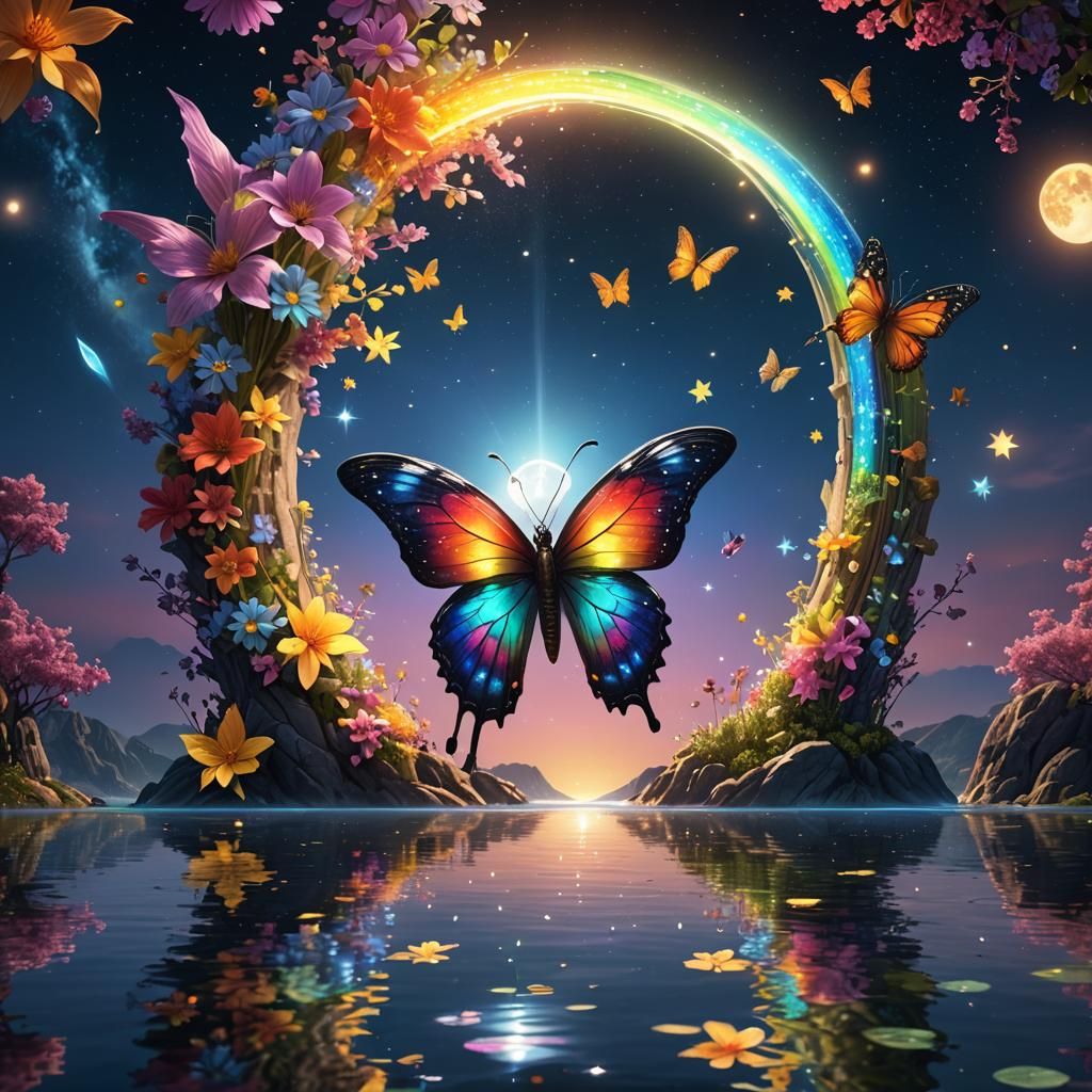 Luminous Crystalline Butterfly with Star Flowers, Fantasy Ar...