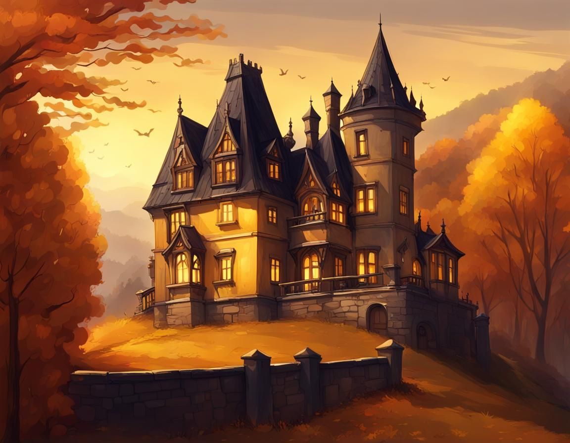 Fortified Mansion at Night in Autumn