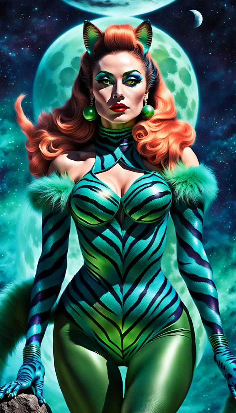 Sci-fi Alien Catgirl Pinup Portrait in Retrofuturism Style