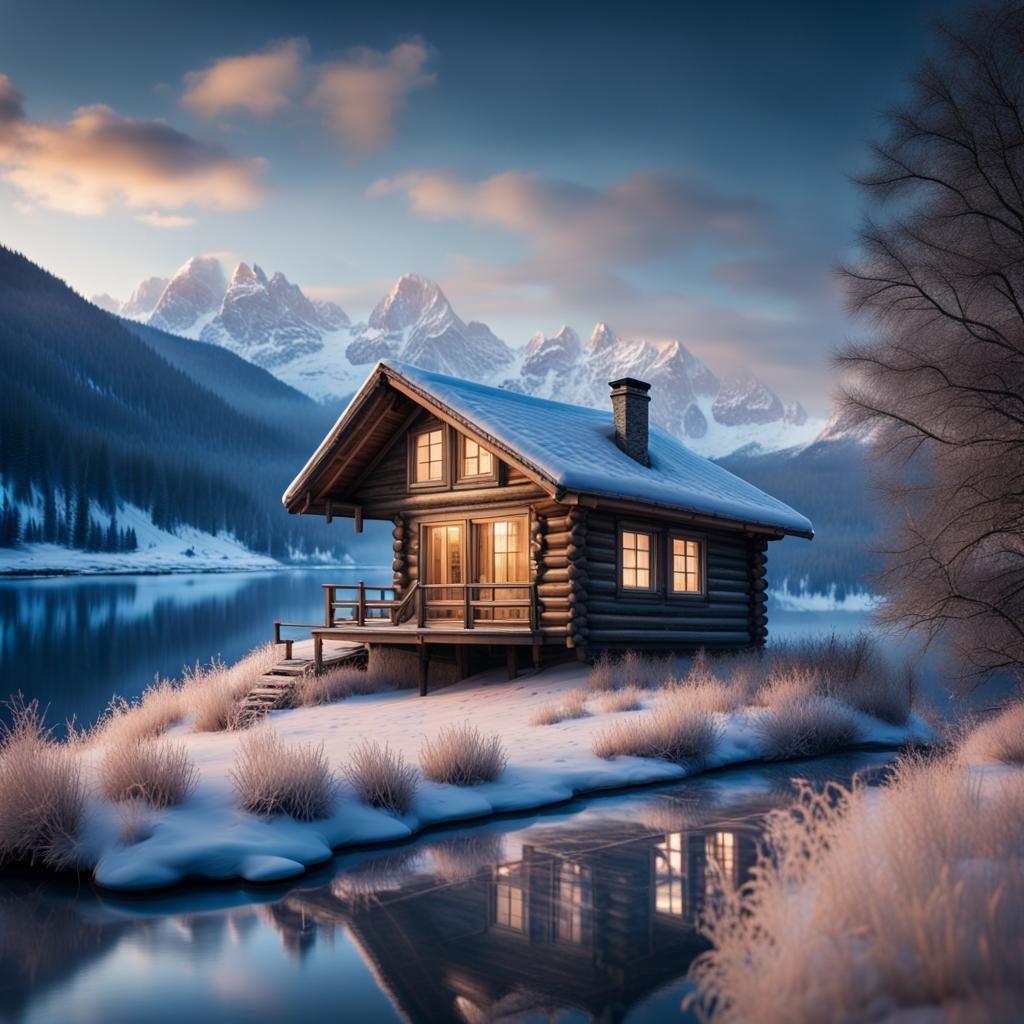 Winter Cabin by the River at Blue Hour
