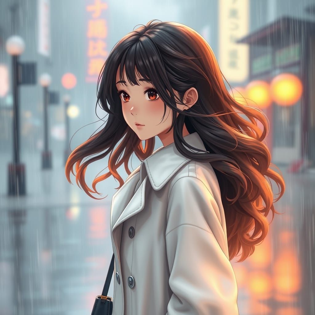 Chinese Anime Lady Walks Alone in Rainy Cityscape