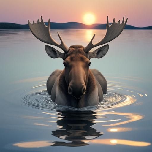 Moose Swimming at Sunset: Watercolor Art