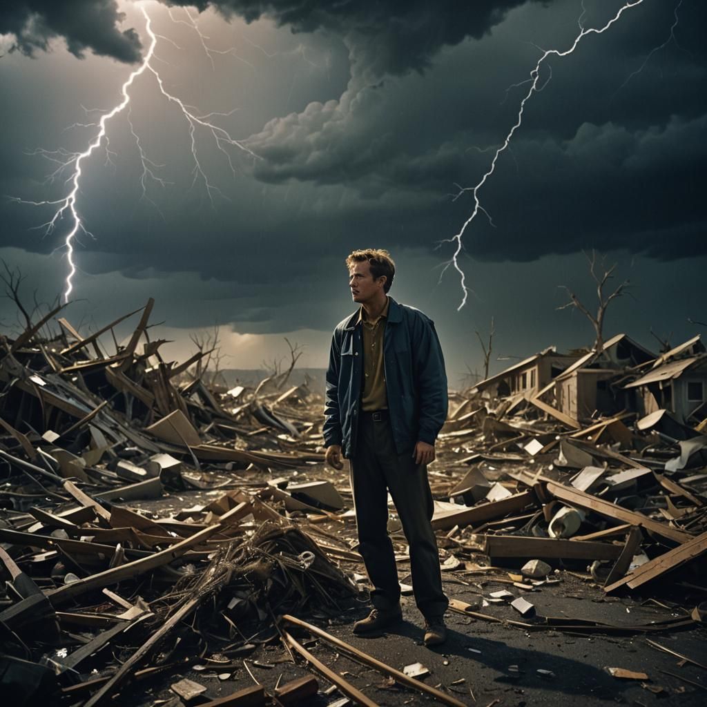 Cinematic Figure Sheltering from Hurricane