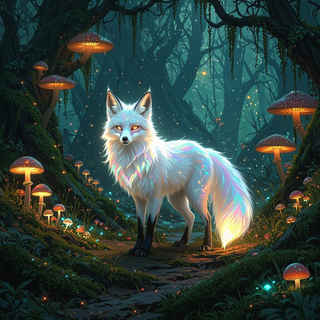 Spirit Fox in Bioluminescent Forest: Dark Fantasy Art