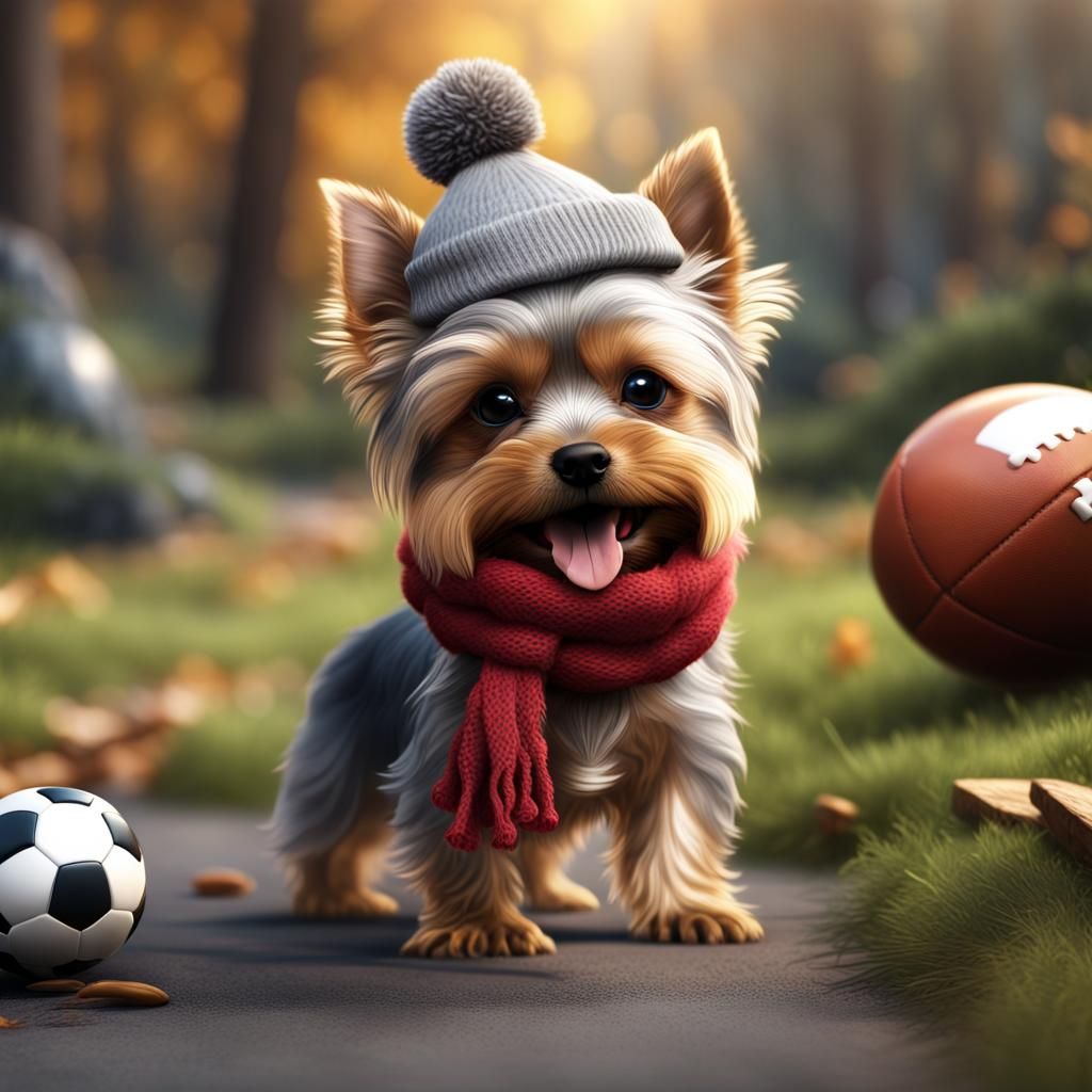 Mini Yorkshire Terrier in Fantastical 3D Football Scene with...