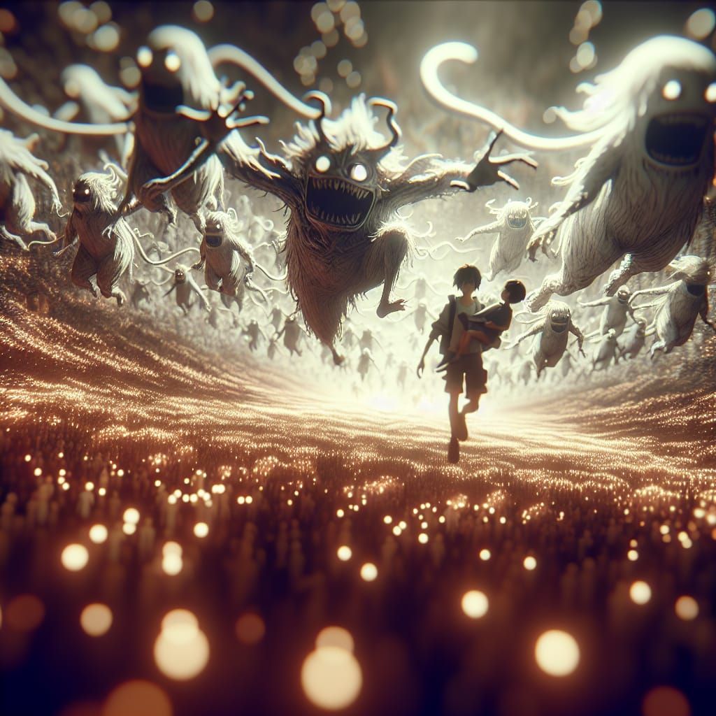 Anime Character Carried by Ghosts in Japanese Anime Style