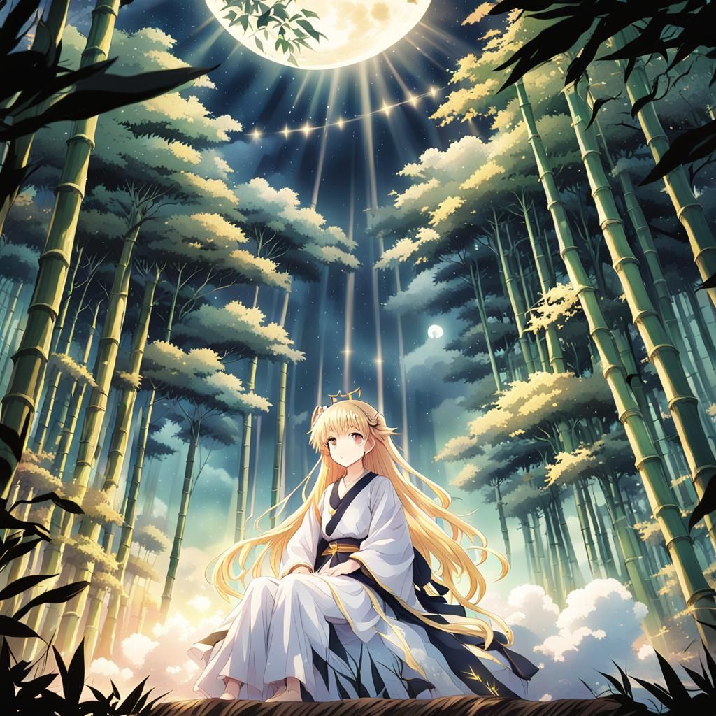 Golden-Haired Goddess in Bamboo Forest, Anime Style