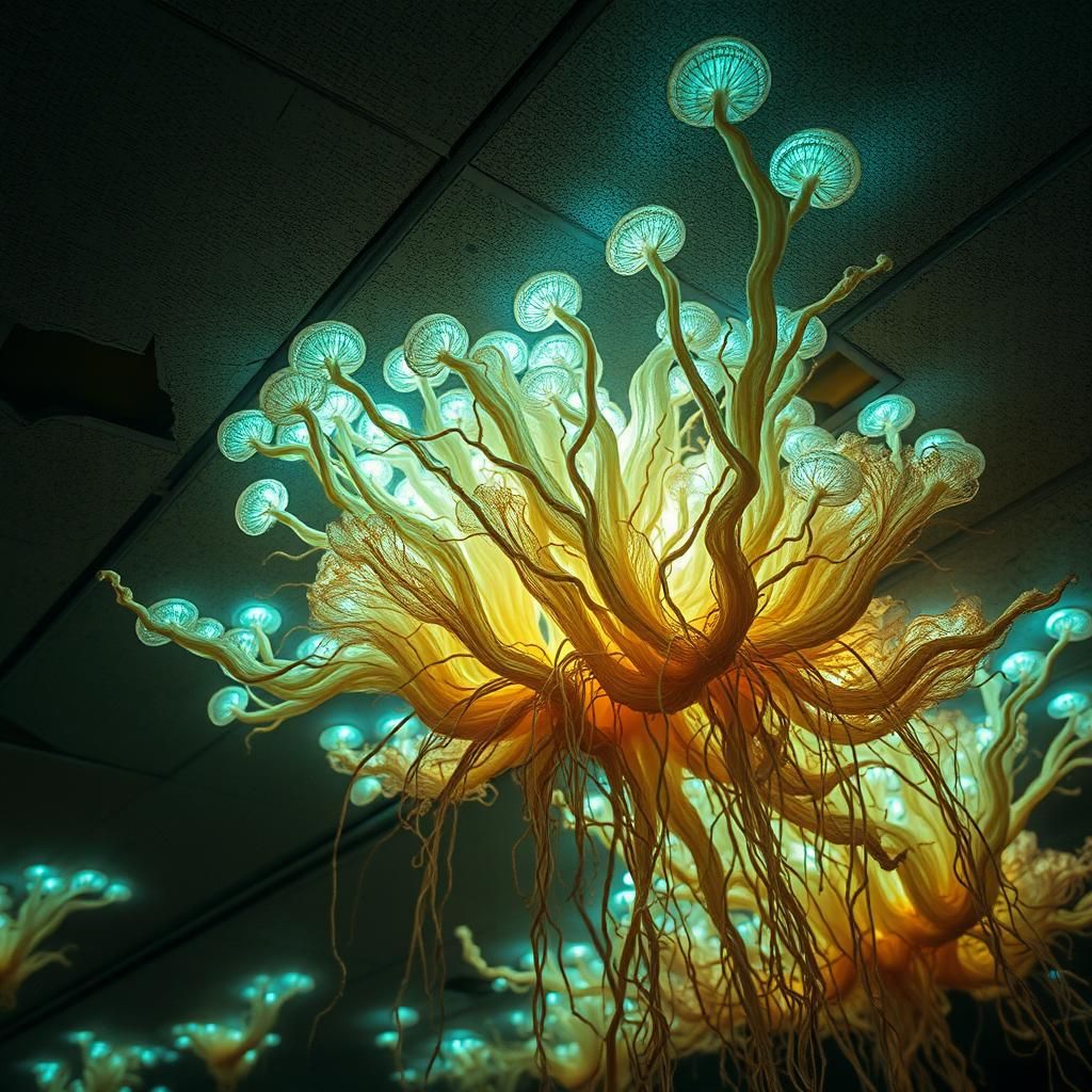 Luminescent Mycelium Bursting Through Ceiling in Biopunk Sty...