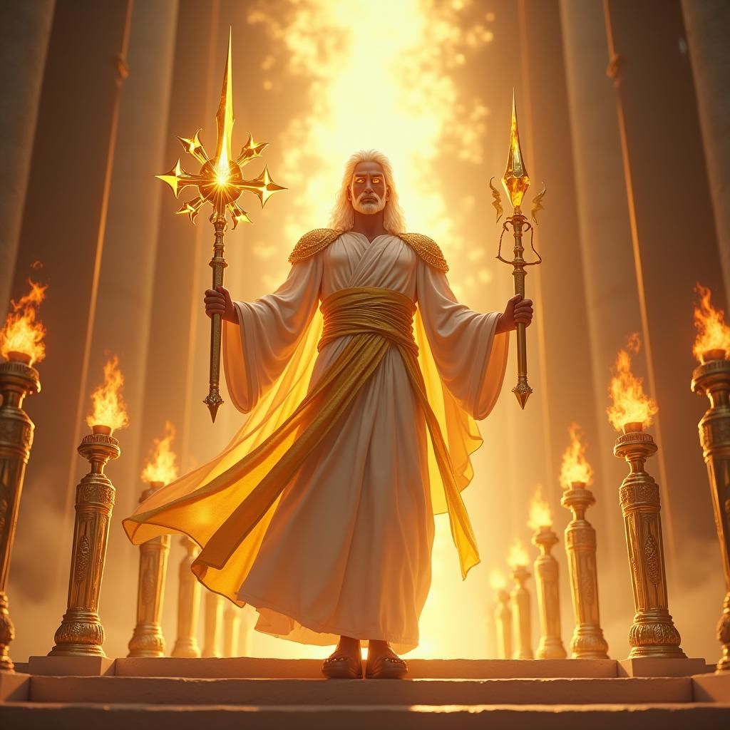 Son of Man Amidst Golden Lampstands, in a Matte Painting Sty...