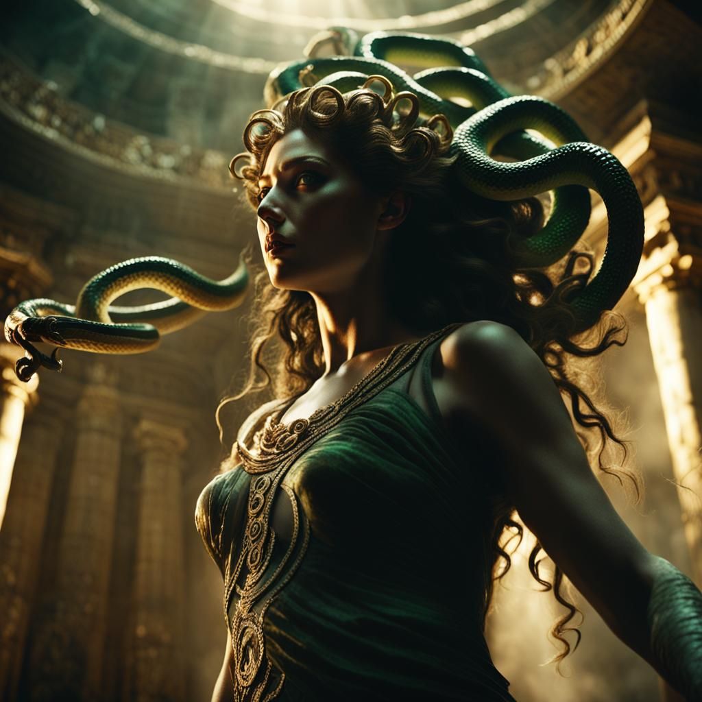 Voluptuous Medusa in Dark Temple: Cinematic Film Still