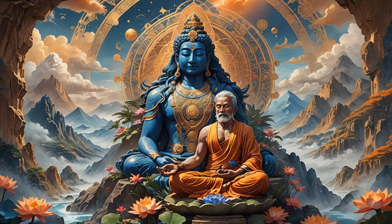 Meditating Philosopher on Golden Mountain: Digital Art