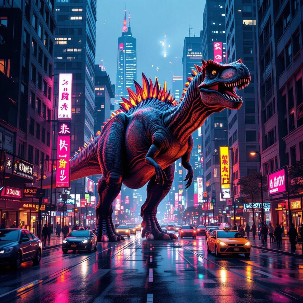 Dinosaur in Neon City, 3D Anime Art