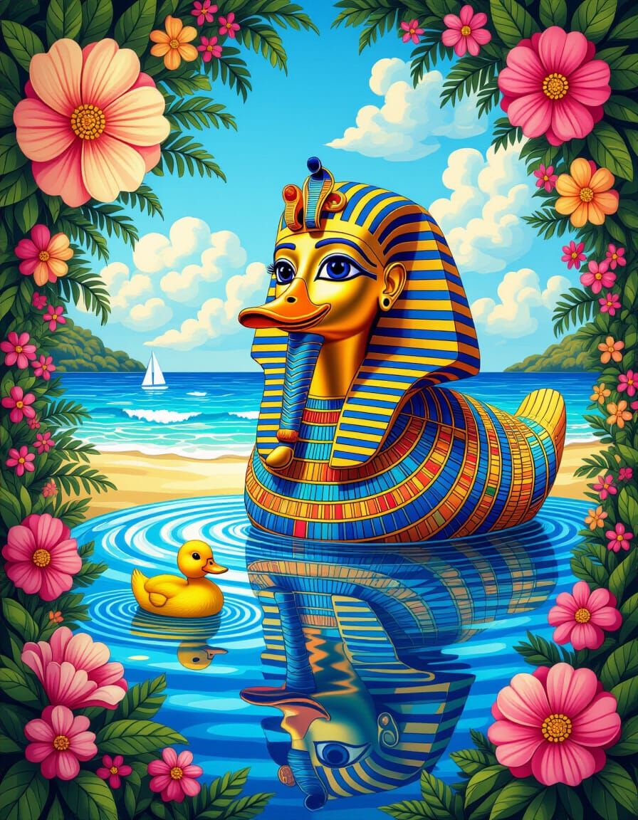 Tutankhamun's Beach Holiday in Klimt Crochet Style