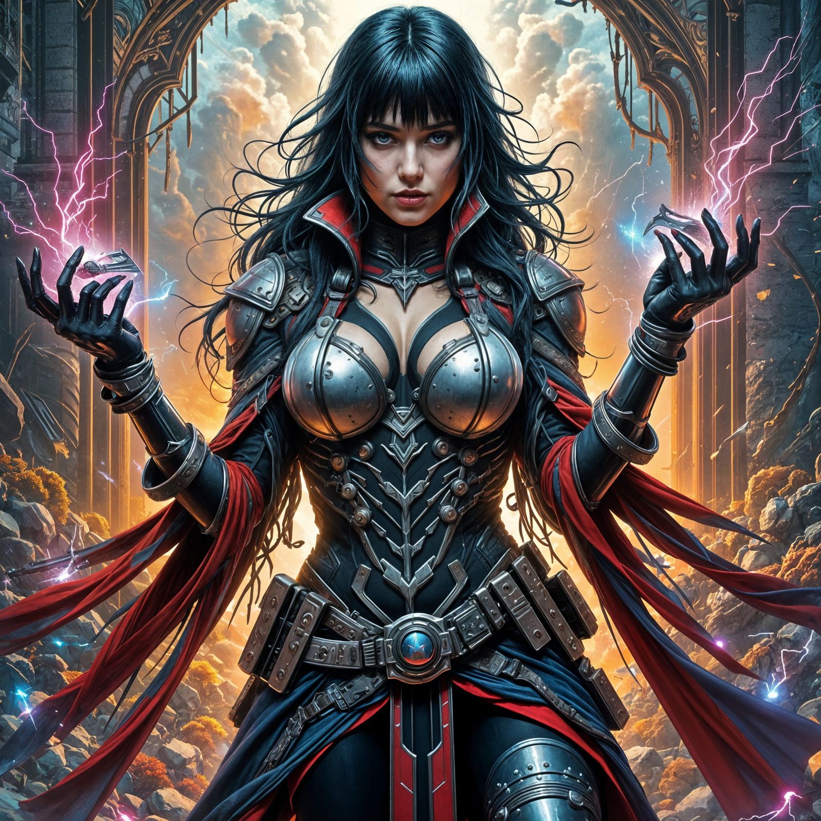Gothic Sorceress in Vibrant Urban Armor