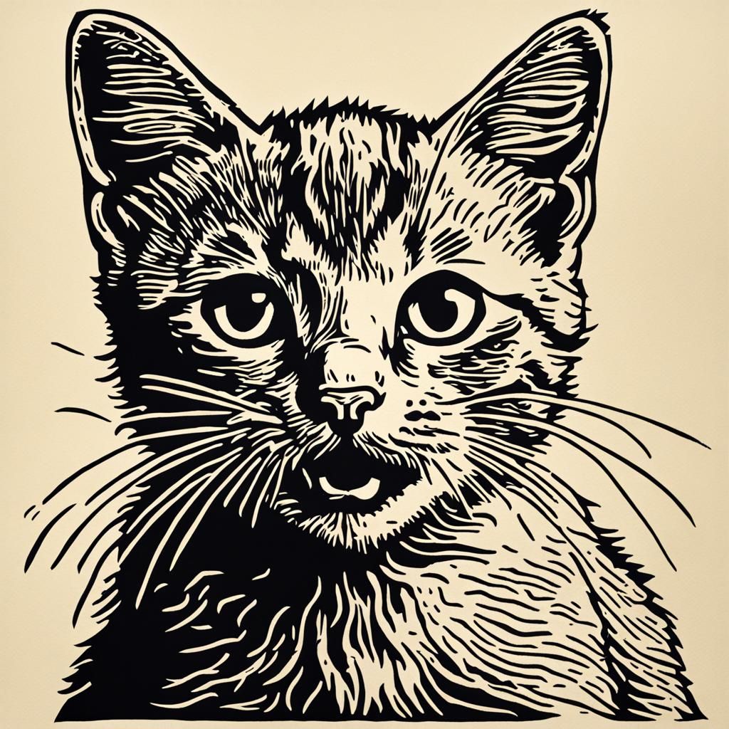 Surprised Kitten as Simple Linocut