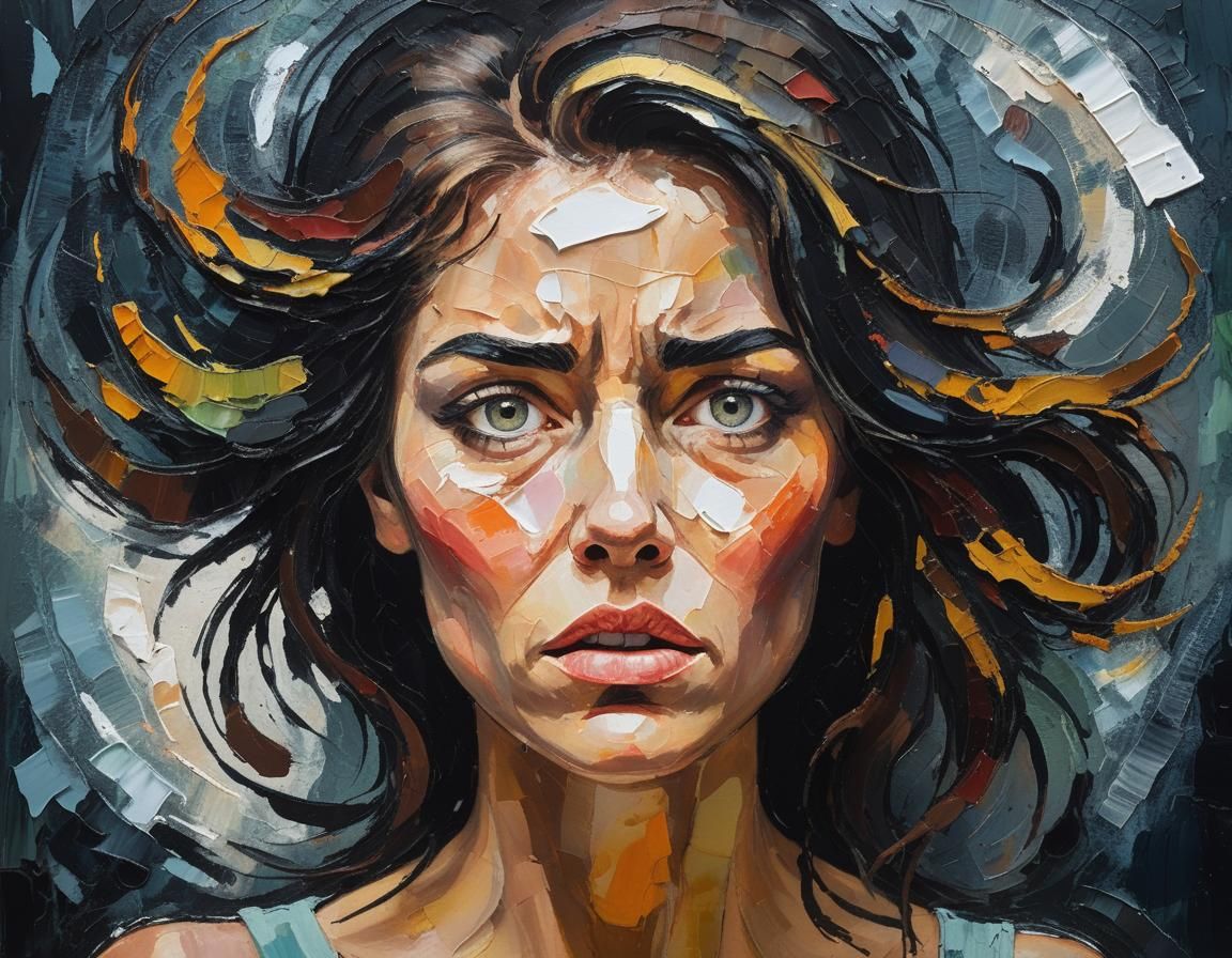 Anguished Woman: Expressionist Acrylic Impasto Portrait