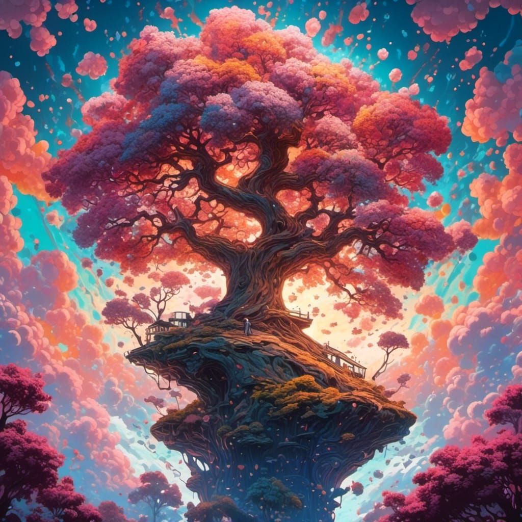 Towering White Oak Tree Sunset in Graffiti Art