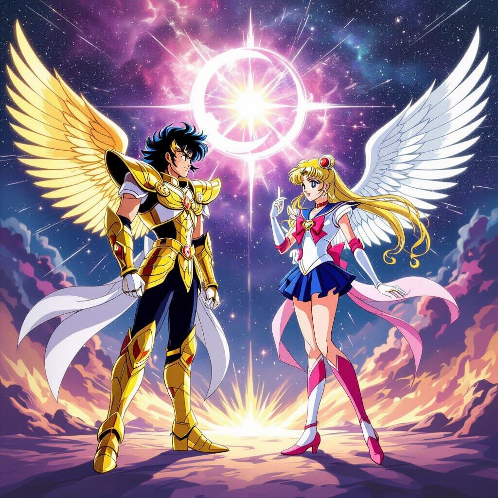 Pegasus Saiya Meets Sailor Moon in Cosmic Battle