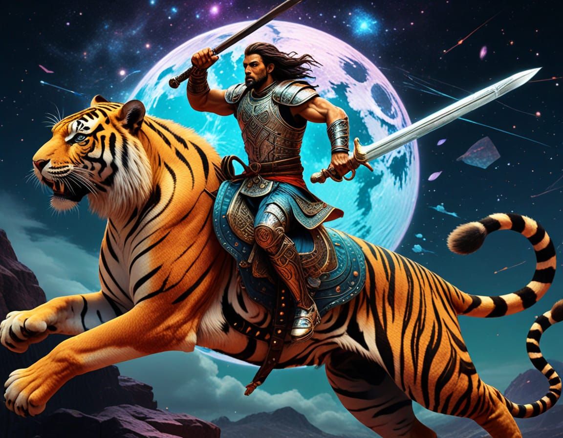 Ethereal Tiger Rider in Cosmic Splendor