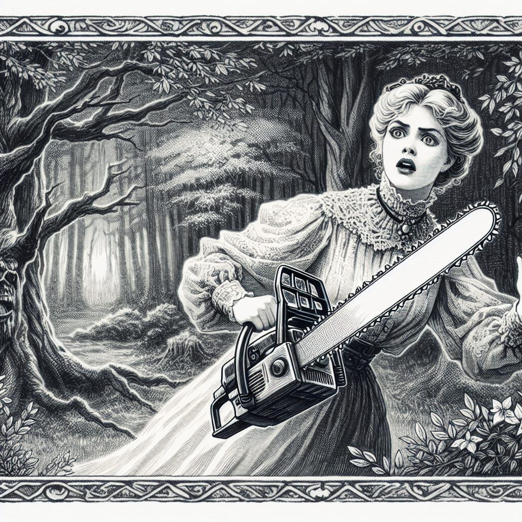 Frightened Woman with Chainsaw in Enchanted Forest