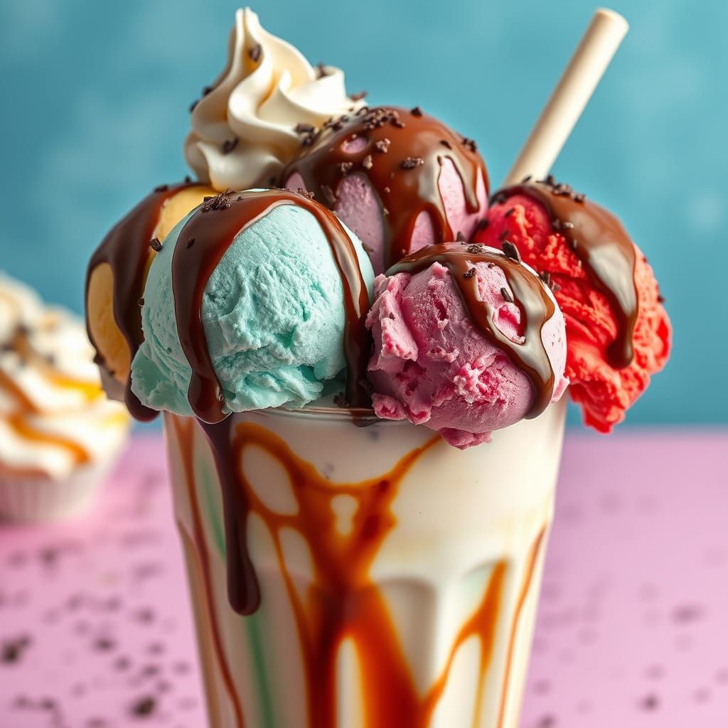 Vibrant Dessert Scene with Colorful Milkshake and Whipped Cr...