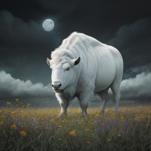 White Bison Under Moonlight in Hyperrealistic Style