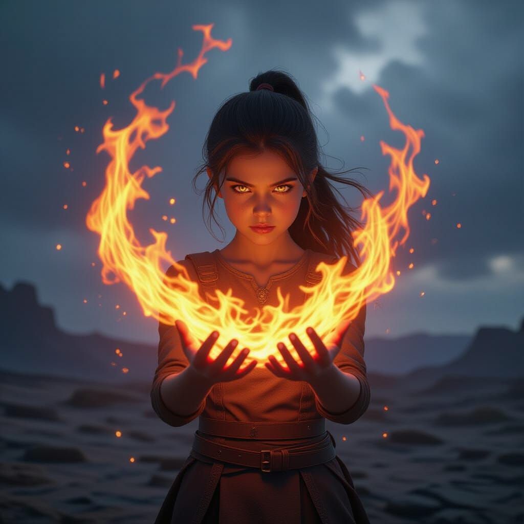 Girl Controls Fiery Vortex in Epic 3D Game Art