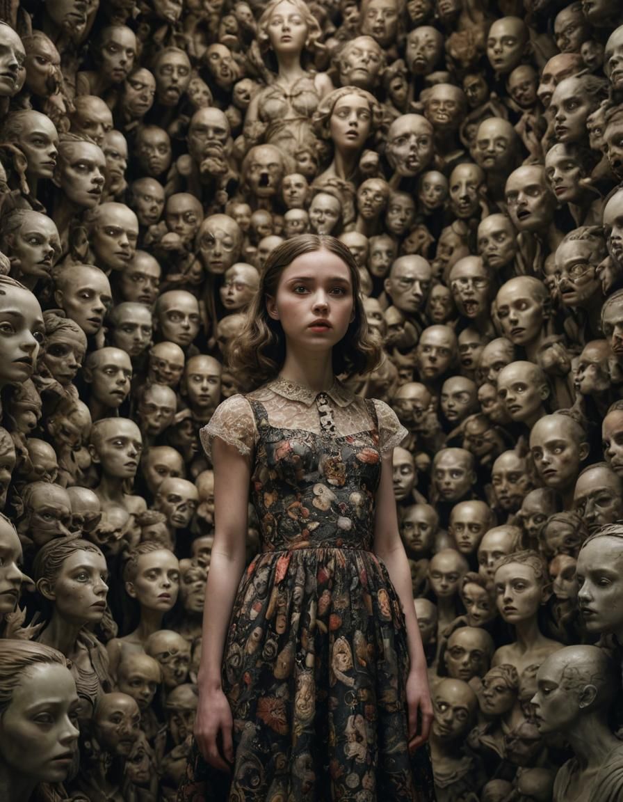 Surreal Girl Surrounded by Malevolent Art Statues