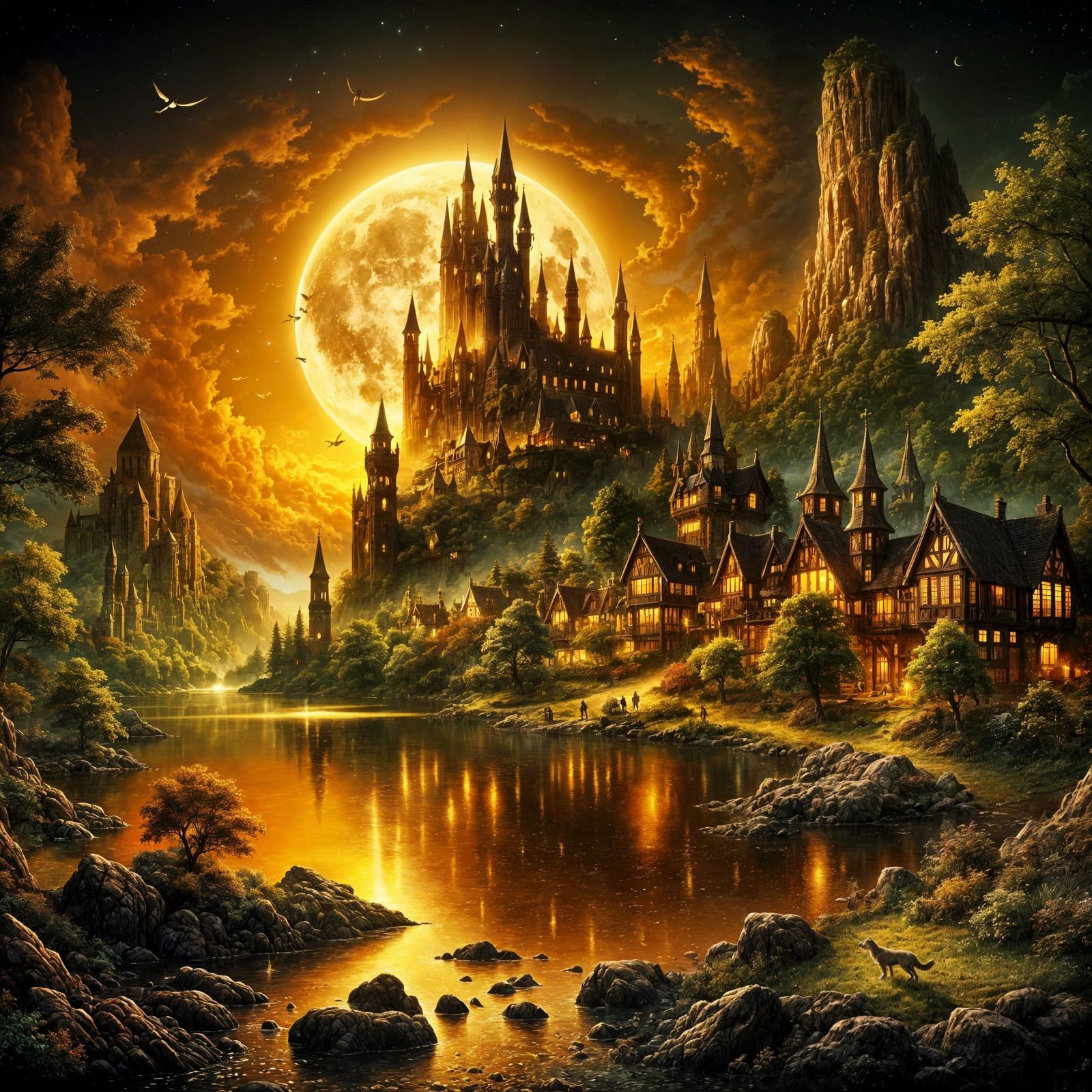 Moonlit Village Amidst a Fantasy Landscape