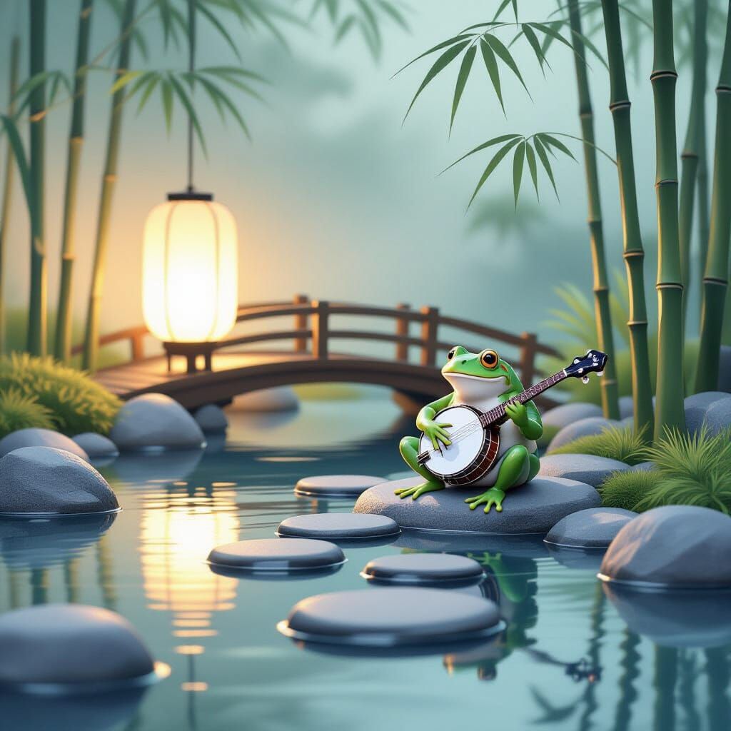 Frog Plays Banjo in Serene Japanese Garden