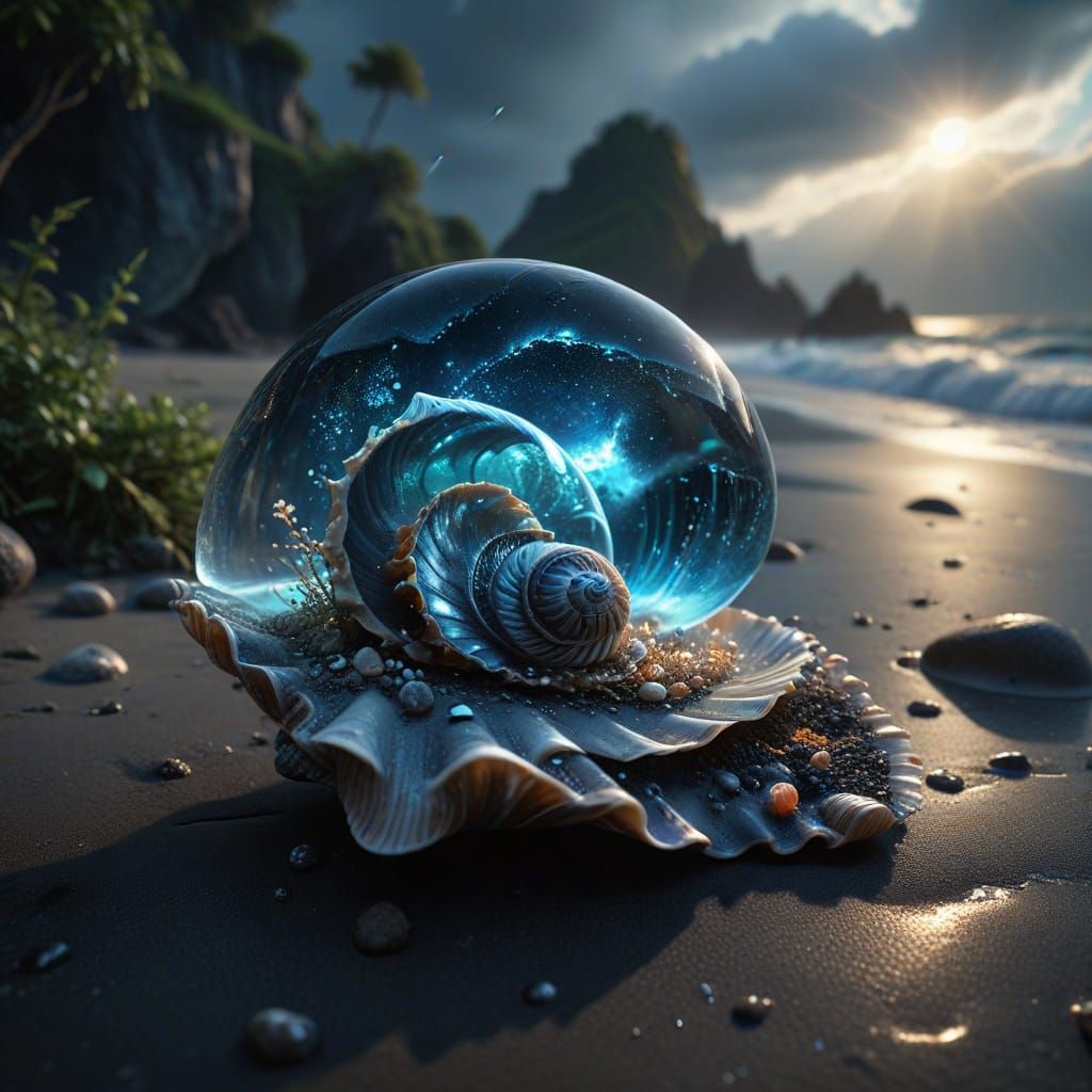 Ethereal Seashell Oasis Under Swirling Nebulae