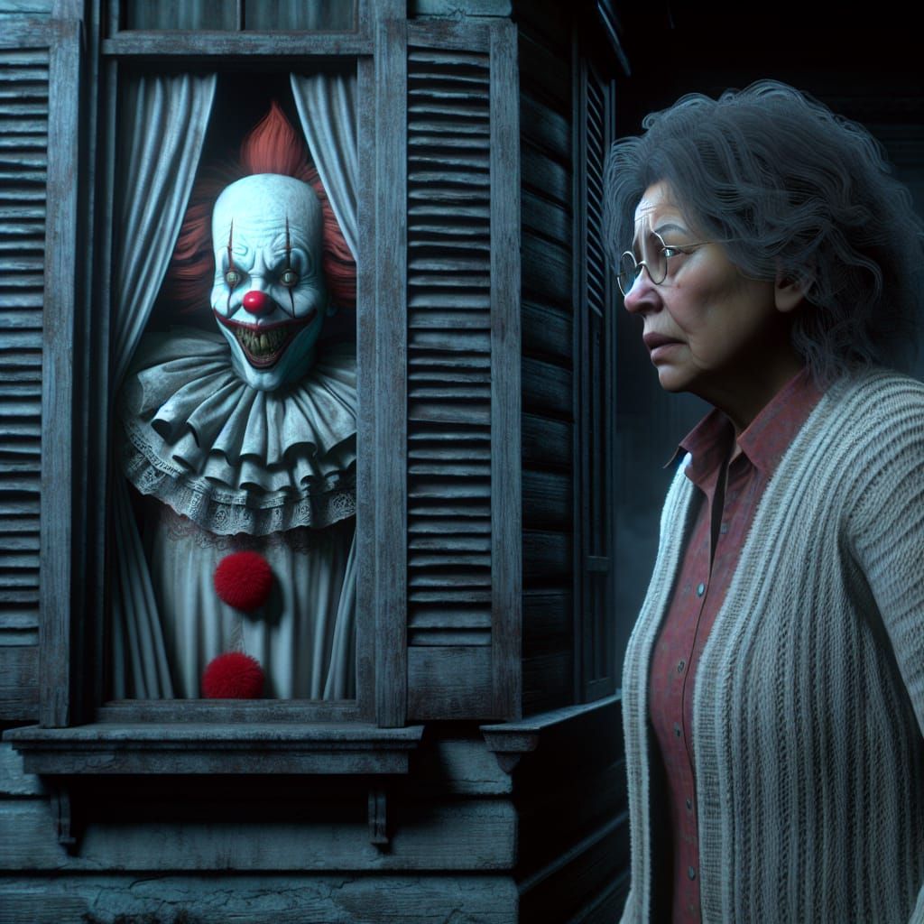 Creepy Clown in Old House: Hyper-Realistic CGI Image