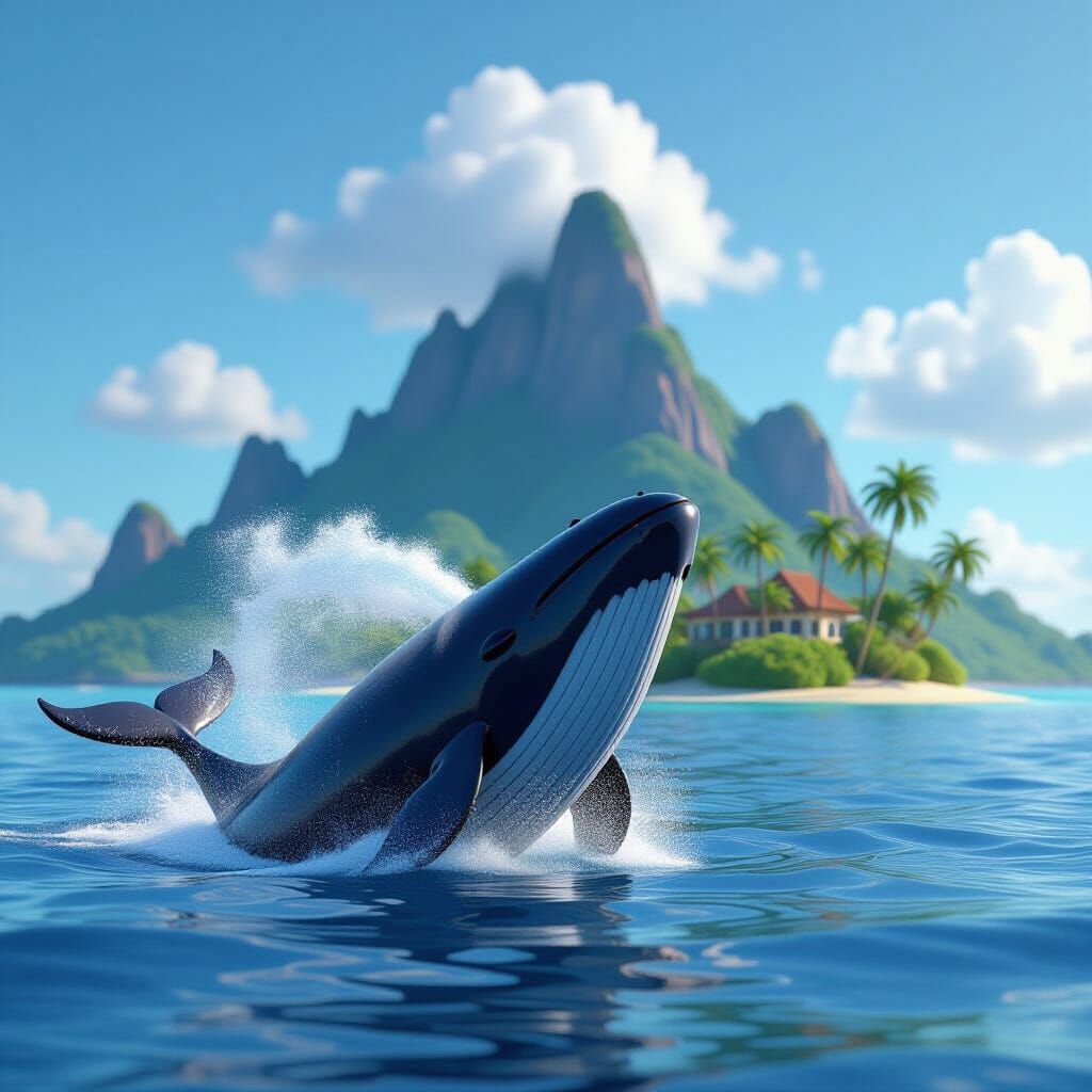 Whale's Tropical Fountain: 3D Animated Style