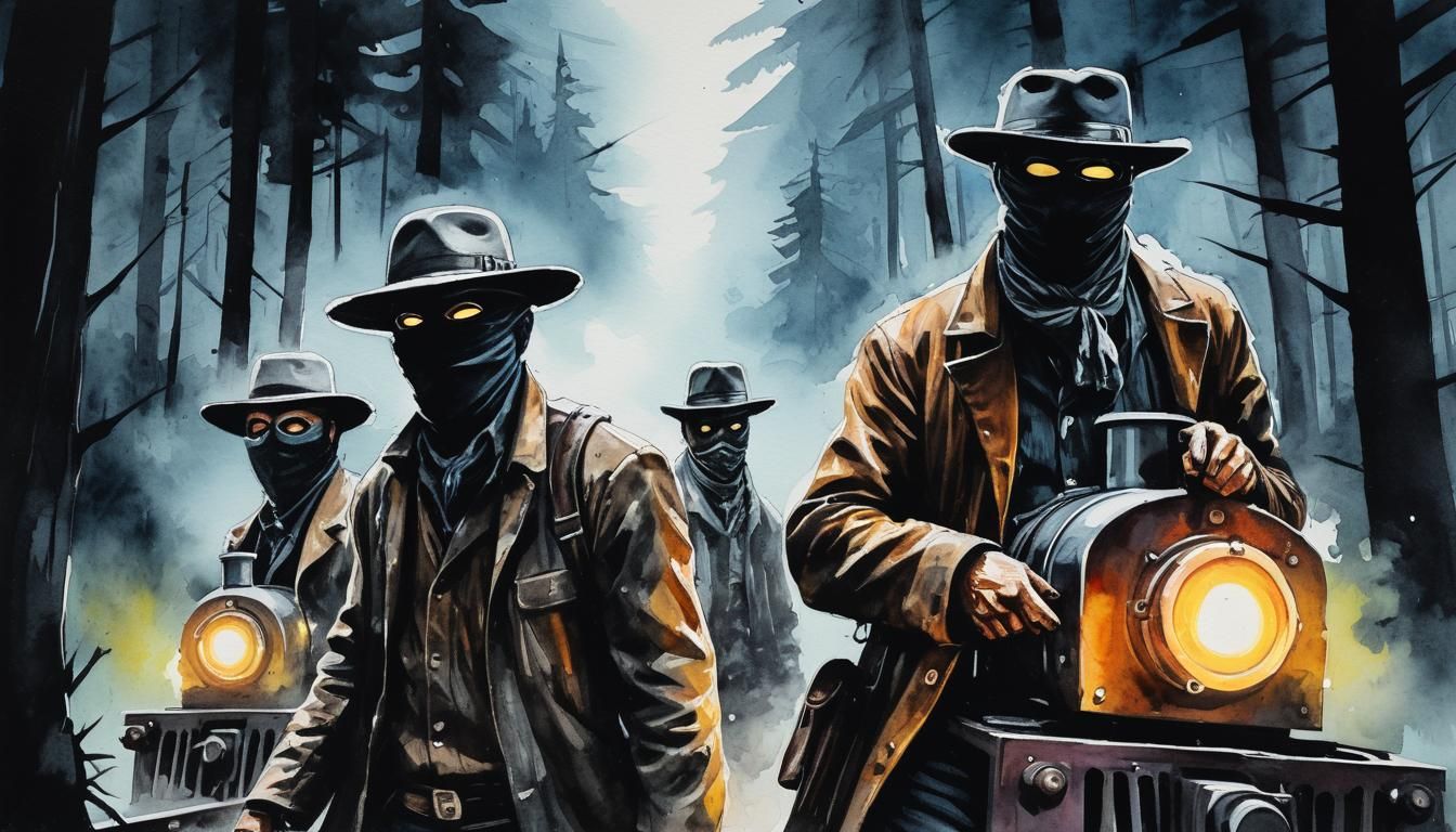 Wild West Train Robbery in Forest at Night