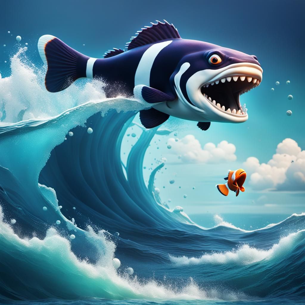 Gigantic Clownfish Breaching Surface as 3D Digital Art