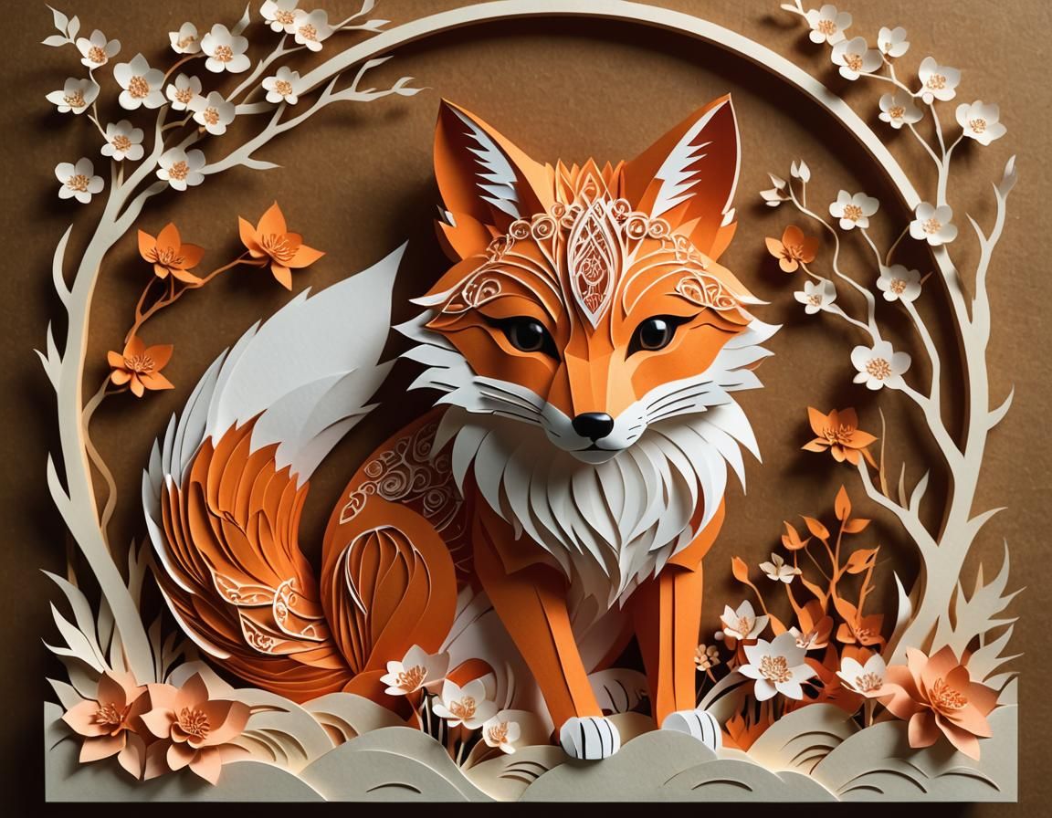 Japanese Kirigami Kitsune Fox Art