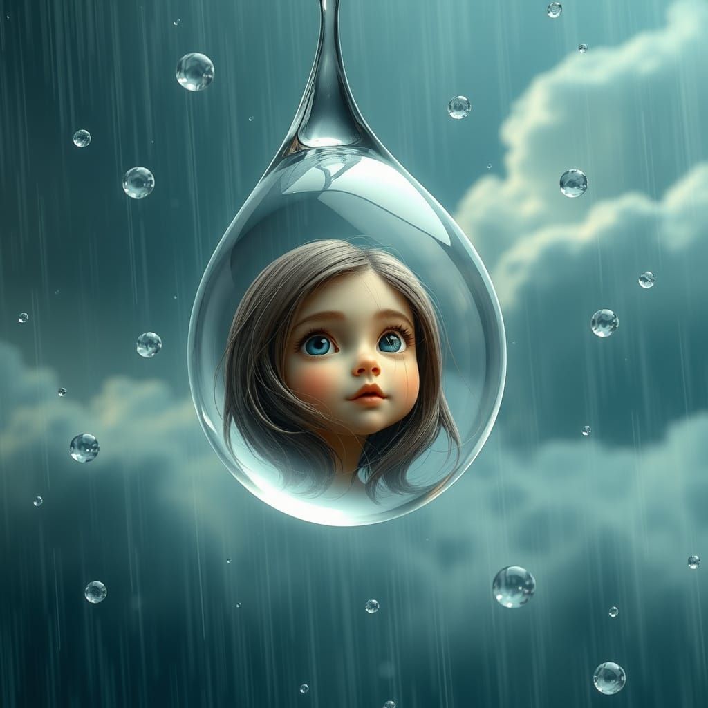 Surreal Girl Rises from a Shimmering Raindrop in a Dreamy At...