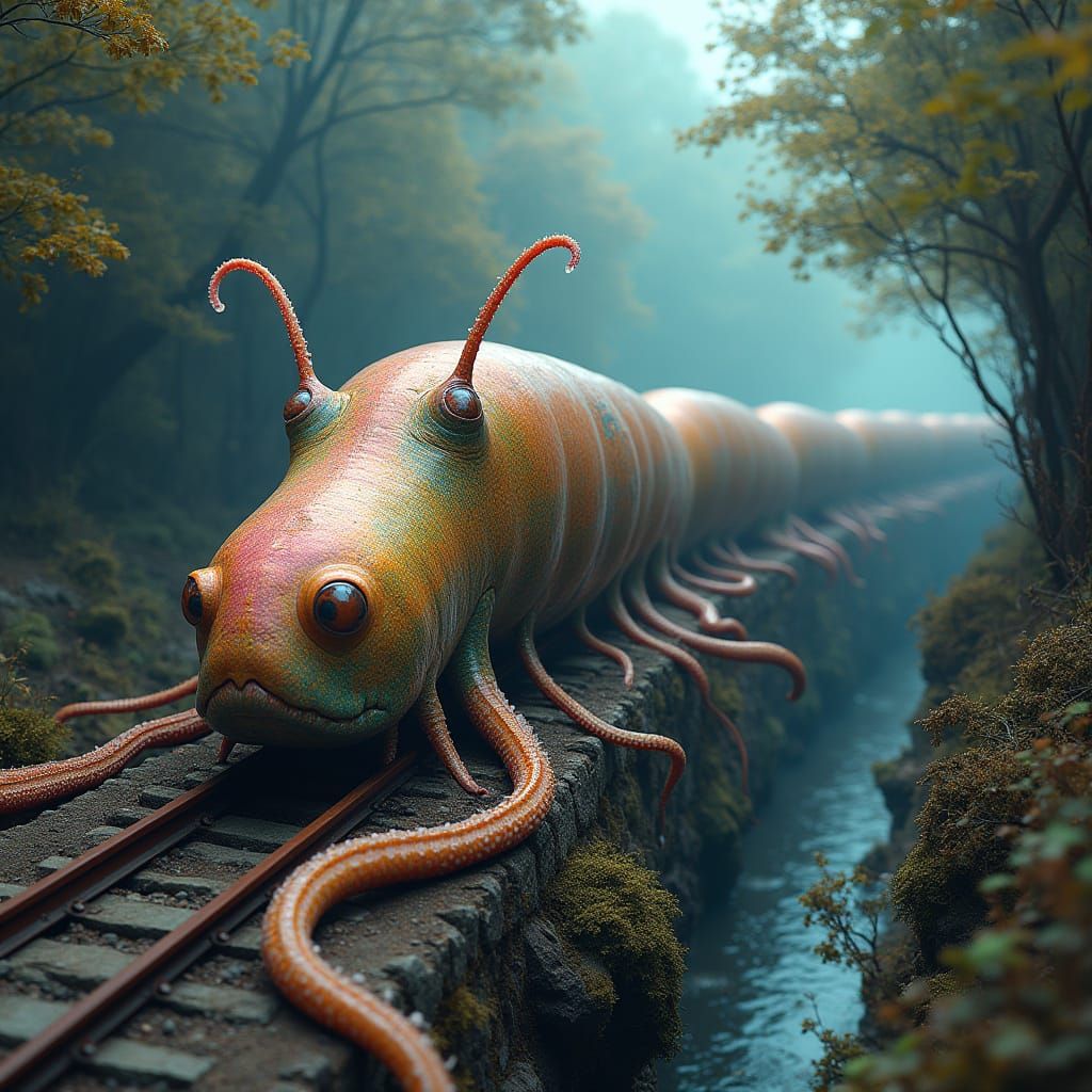 Surreal Slug Train in Dreamlike Landscape